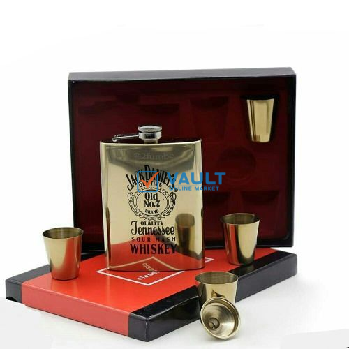 7oz Whisky Hip Flask Bottle With 4 Shot Cup Gift Set- Gold.
