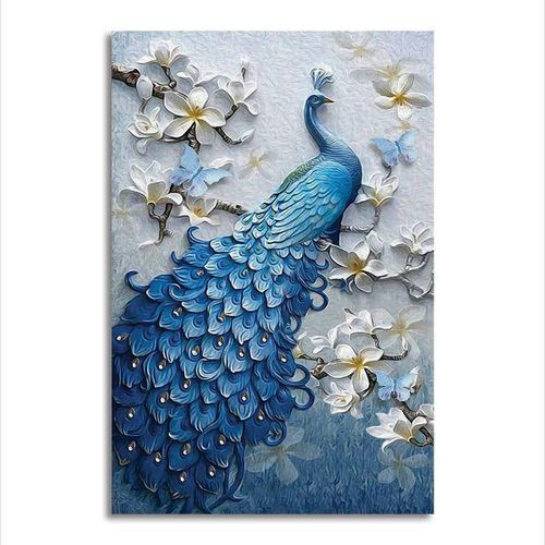 Blue Peacock & White Flowers Canvas Wall Art Picture For Living Room Decoration - Multi-colour