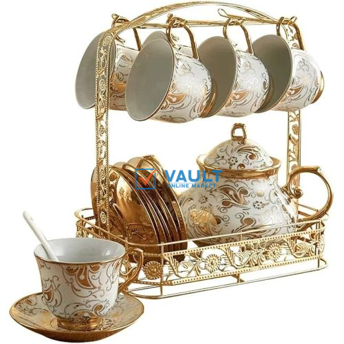 European-Style Phnom Penh Ceramic Coffee Set, Electroplating Coffee Cup, High-End British Afternoon Tea, Creative Home Living Room Flowers ,Stand Color May Differ - Multicolor