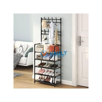 Multi-functional Hat Coat Stand With 5 Tier Shoe Rack Storage Clothes Rack & 8 Hooks Organizer- Black.