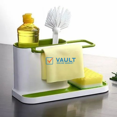 3 in1 Kitchen Sink Organizer Stand Draining Holder Towel Soap Brush Sponge Rack- Green
