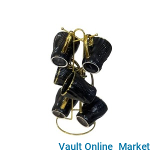 6 Piece Lined Ceramic Gold line Cups Mugs Set With Golden Handle And Stainless Steel Holder Rack- Multicolor