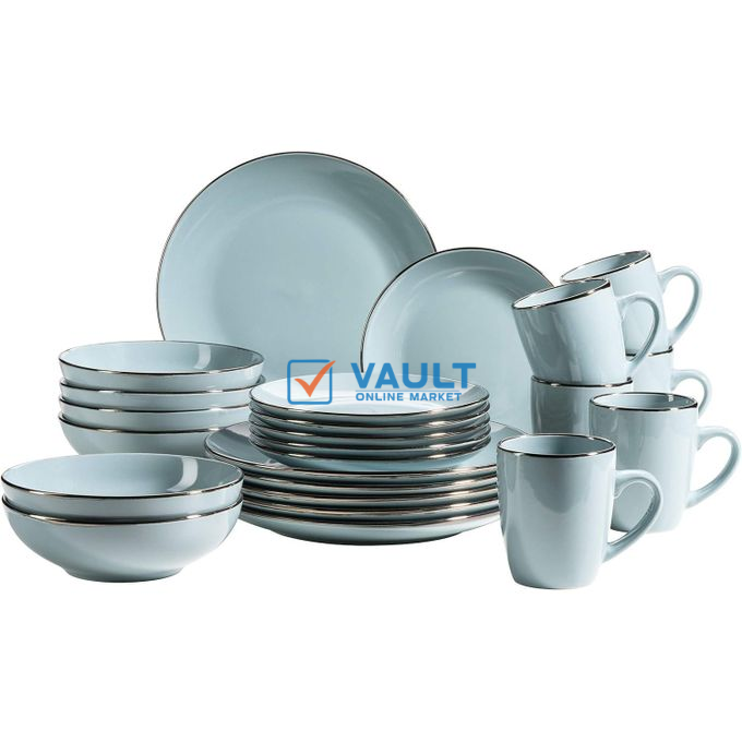 16-Piece Ceramic Stoneware Metallic Rim Dinner Plates Set Dessert Sideplates Cups Bowls Dinnerware Set- Blue