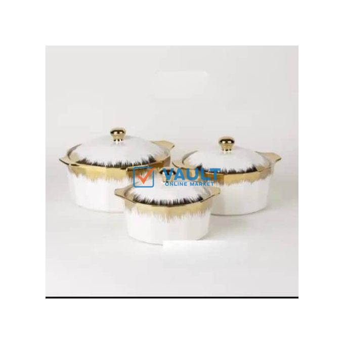 3 Pieces Of Golden Rim Ceramic Serving Bowl Dishes Pots With Lids -White