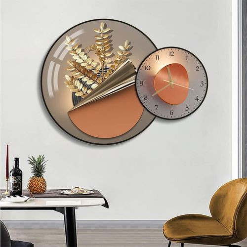 Dinning Room Golden Leaf Decorative Painting,Pictures For Bedroom Wall Decor,Wall Clock Modern Wall Art,Aluminum Alloy Frame,Artwork Canvas Prints