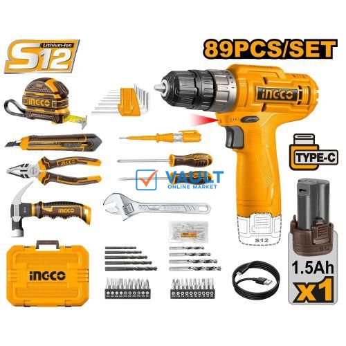 INGCO 12V Cordless Drill With 89-piece Tool Bag (HKTHP10891)