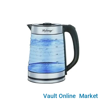 Mylongs Electric 2.2L BPA Free Glass Kettle Cordless 360° Base, Stylish Blue LED Interior, Handy Auto Shut-Off Function – Quickly Boil Water For Tea & More, Stainless Steel