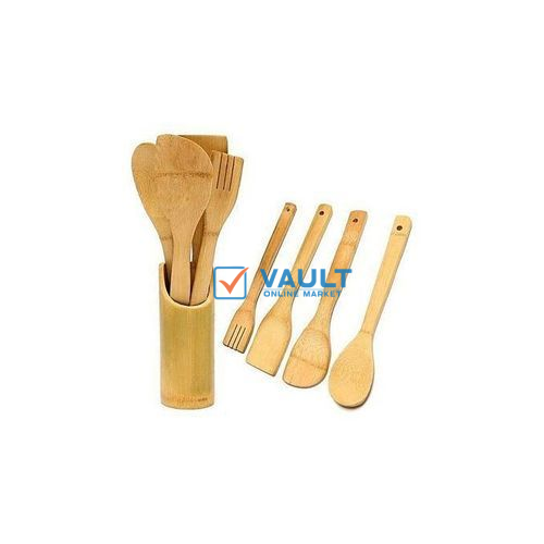 5 Pieces Of Bamboo Cooking /Serving Spoon Utensils - Brown.