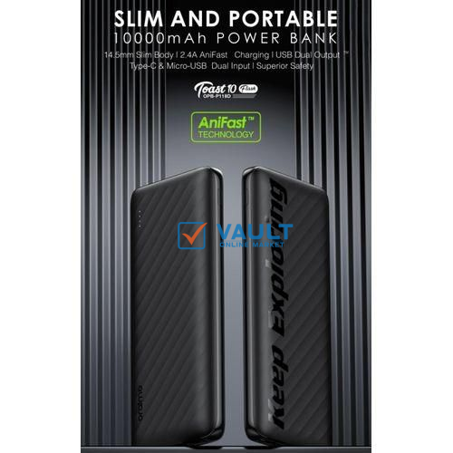 Oraimo Toast 10 Flash 10000mAh 2.4A Max Fast Charging Portable Power Bank – Black-Black/White