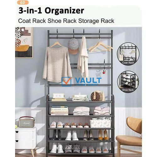 5-Tier Shoe Shelf And 8 Adjustable Metal Hooks Coat Rack,Shoe Rack Organizer Multifunctional Coat Hanger Rack Shoe Shelf,Apartment ,Bedroom
